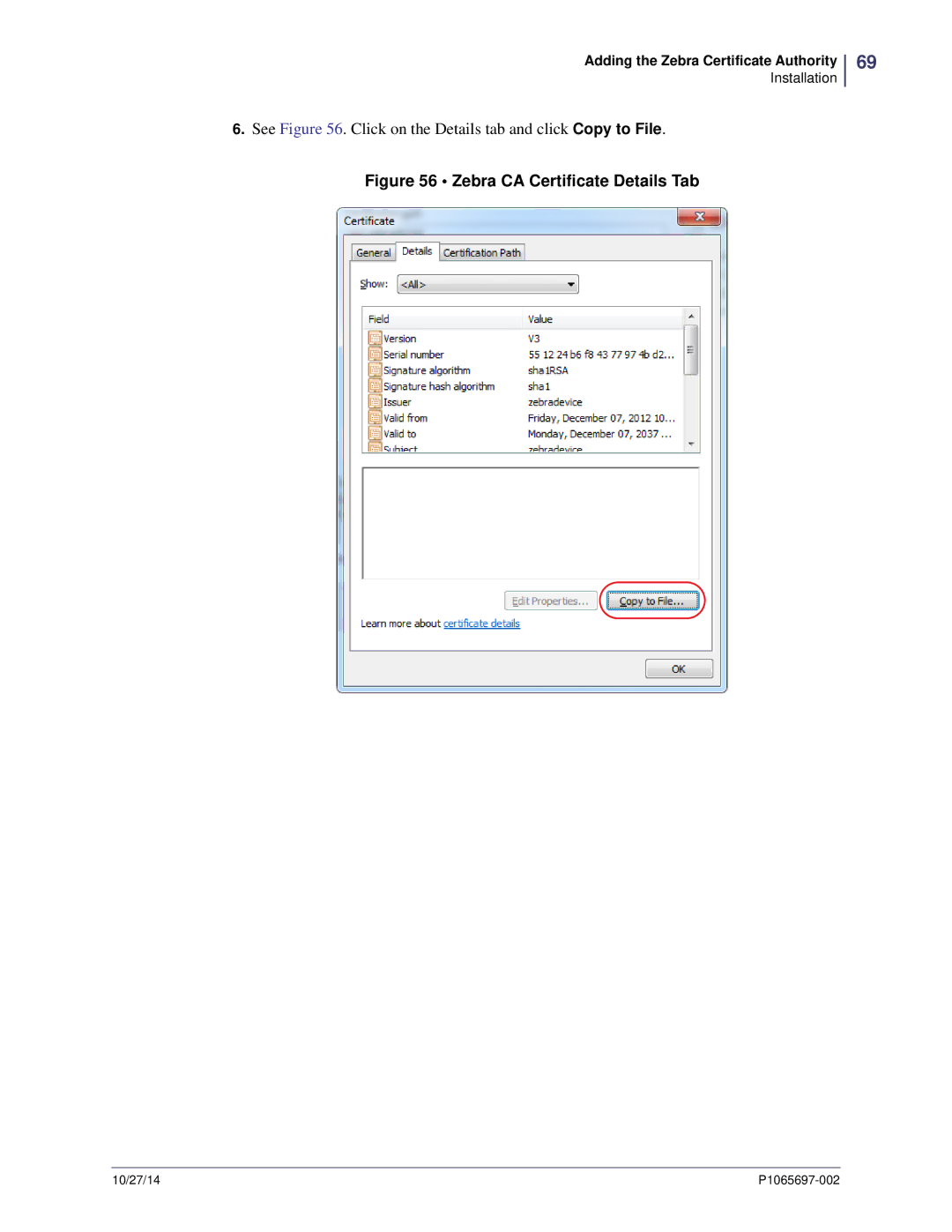 Zebra Technologies P1065697-002 manual Zebra CA Certificate Details Tab 