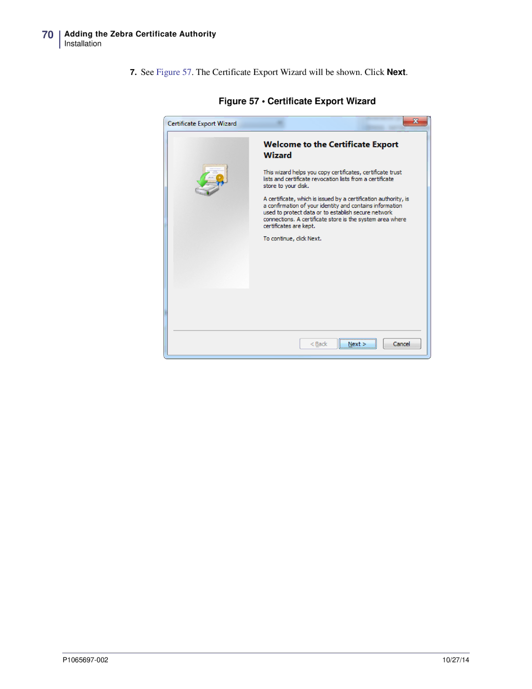 Zebra Technologies P1065697-002 manual Certificate Export Wizard 