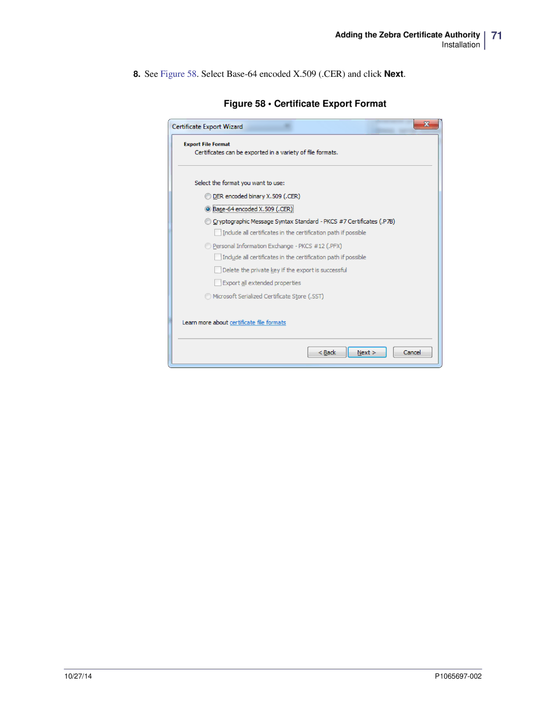 Zebra Technologies P1065697-002 manual Certificate Export Format 