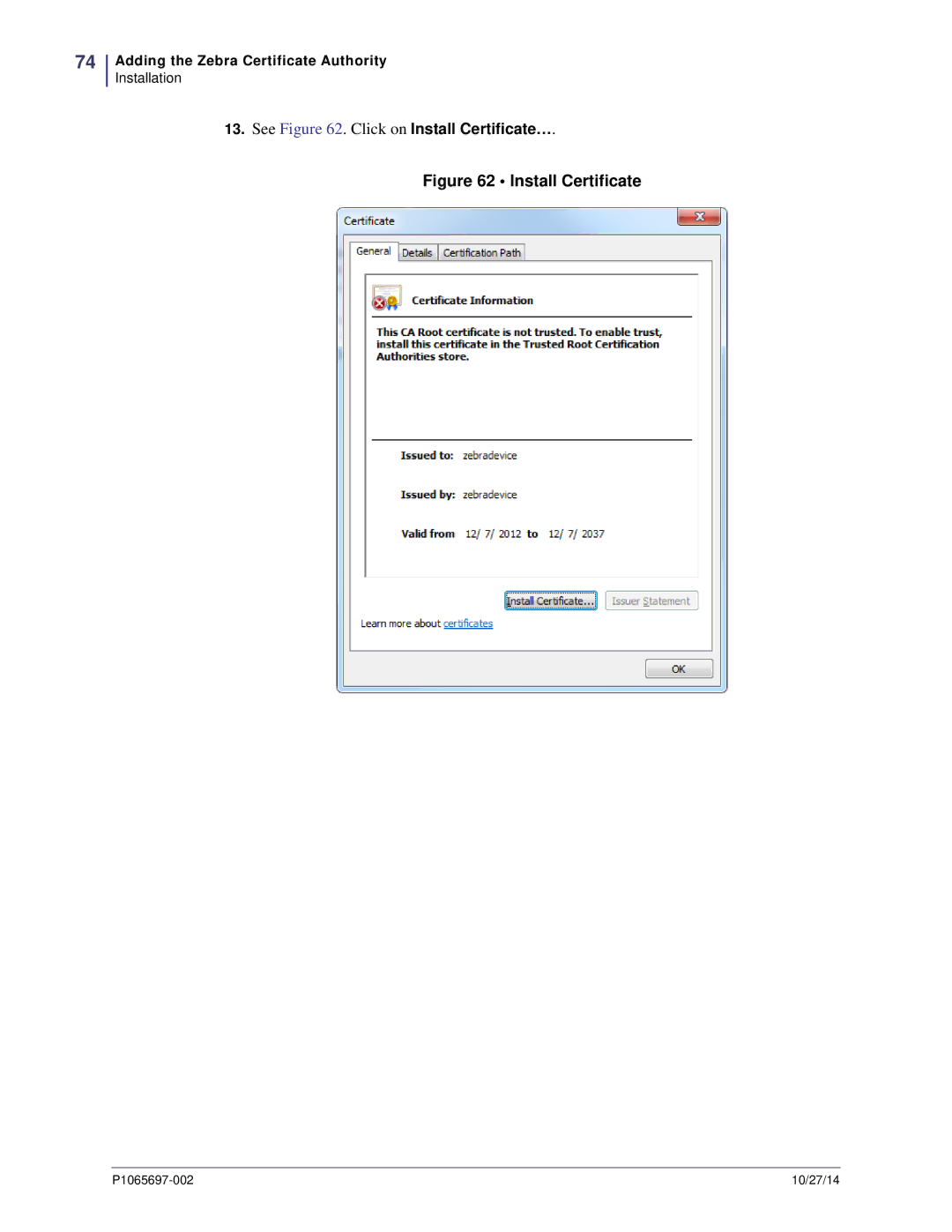 Zebra Technologies P1065697-002 manual Install Certificate 