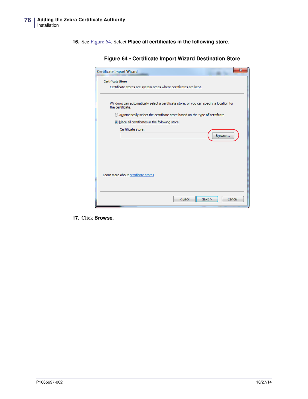Zebra Technologies P1065697-002 manual Certificate Import Wizard Destination Store 