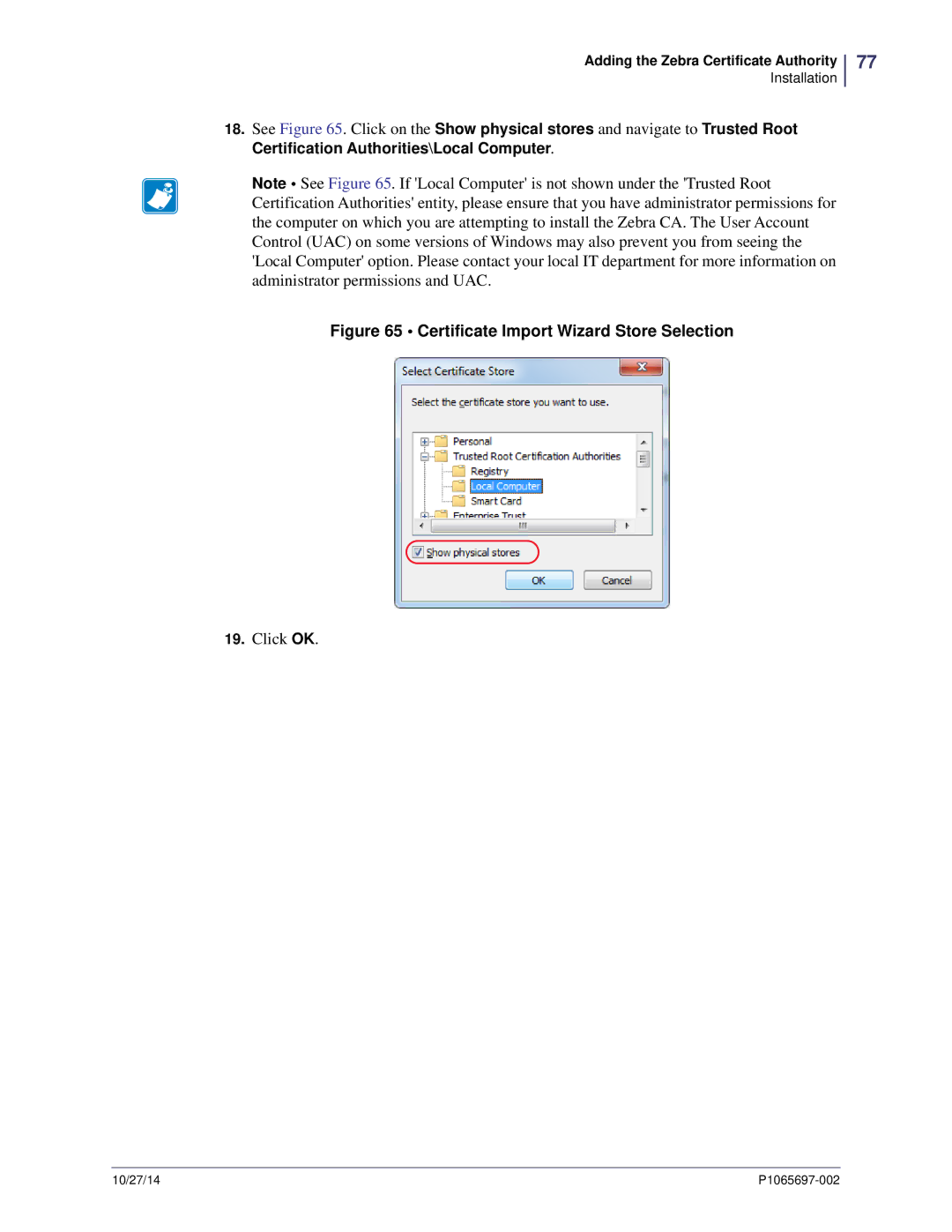 Zebra Technologies P1065697-002 manual Certificate Import Wizard Store Selection 