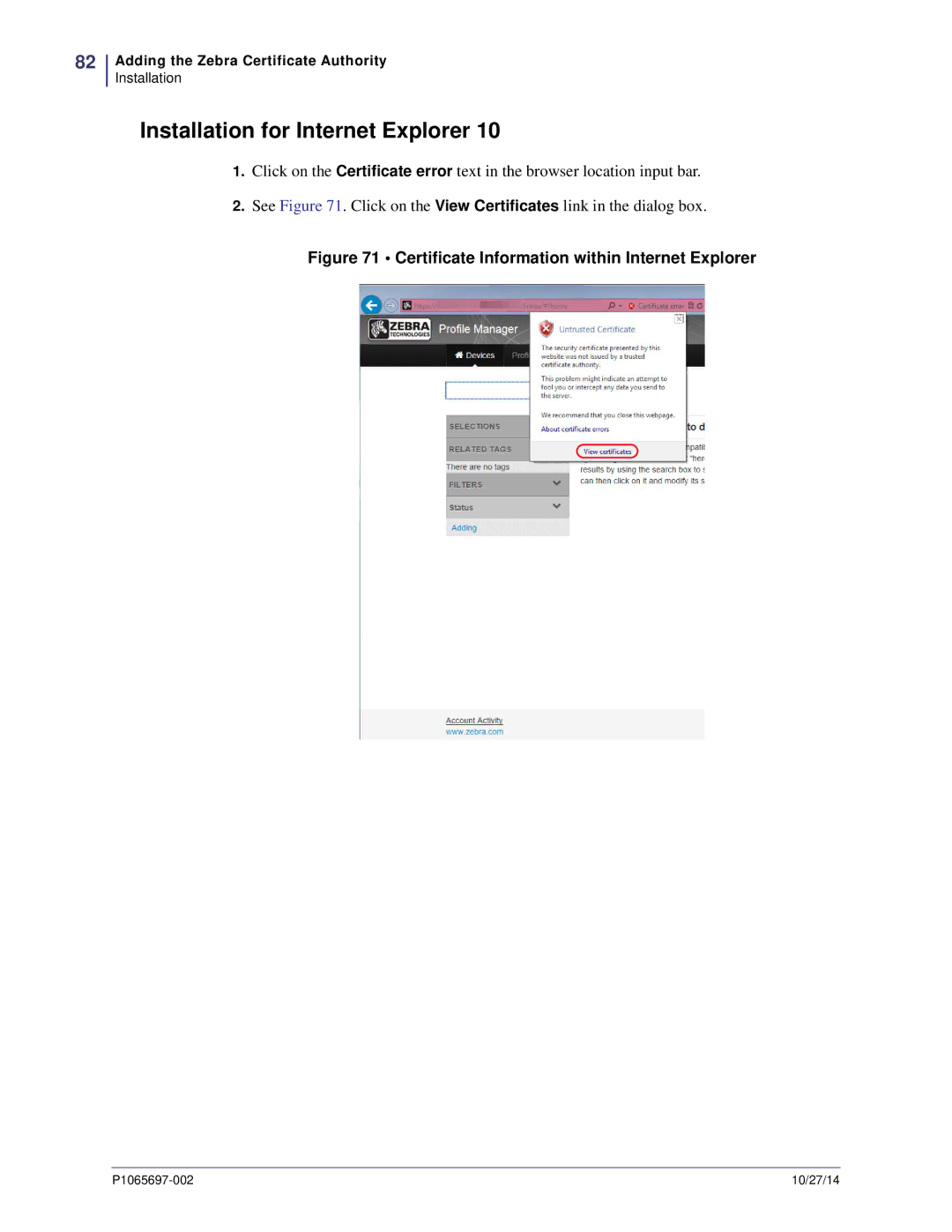 Zebra Technologies P1065697-002 manual Installation for Internet Explorer 
