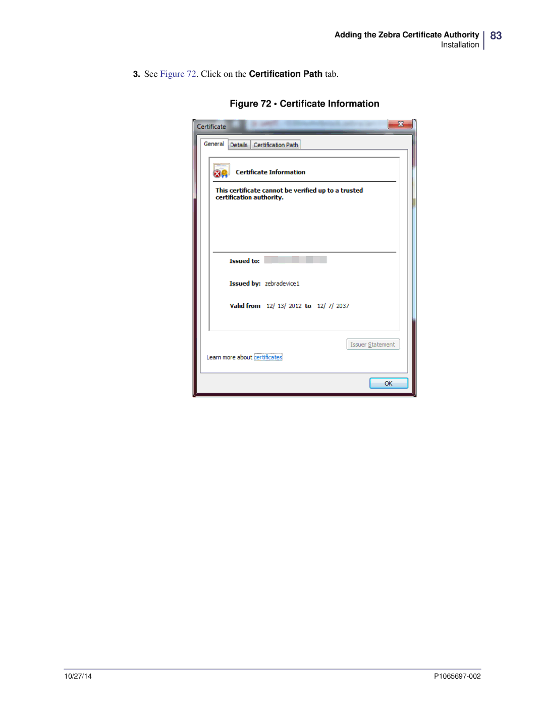 Zebra Technologies P1065697-002 manual Certificate Information 