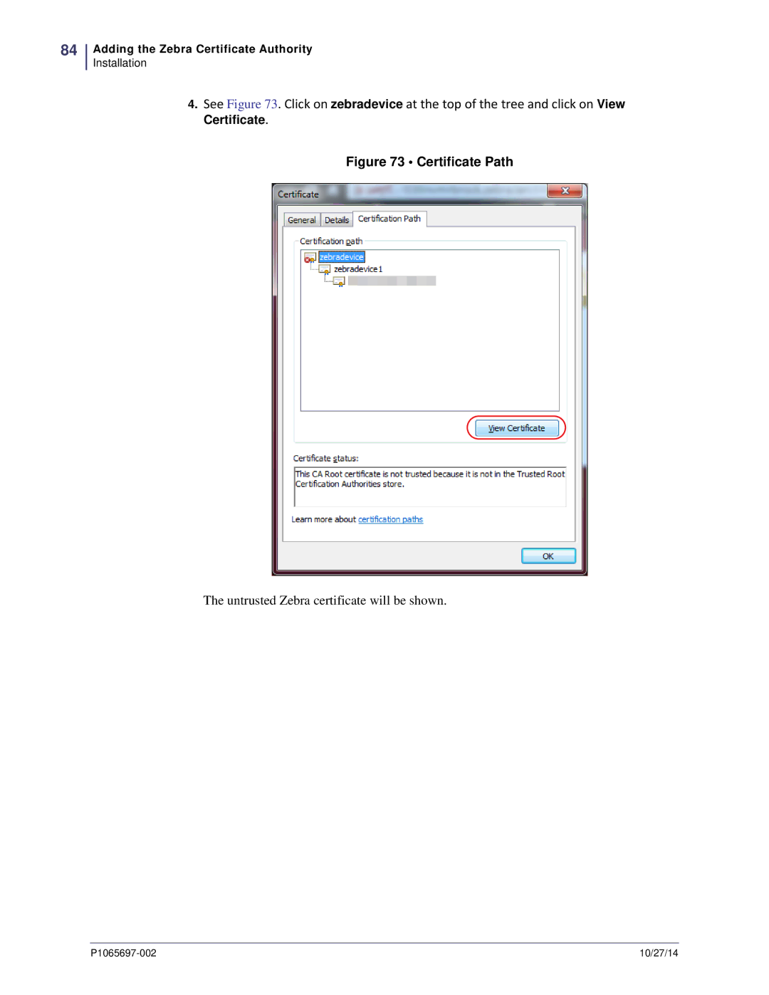 Zebra Technologies P1065697-002 manual Untrusted Zebra certificate will be shown 