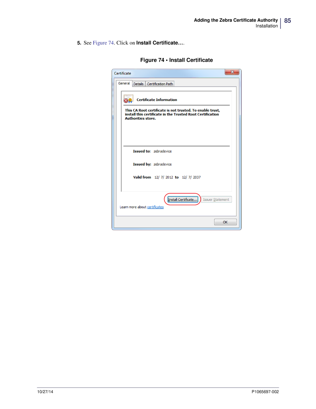 Zebra Technologies P1065697-002 manual Install Certificate 