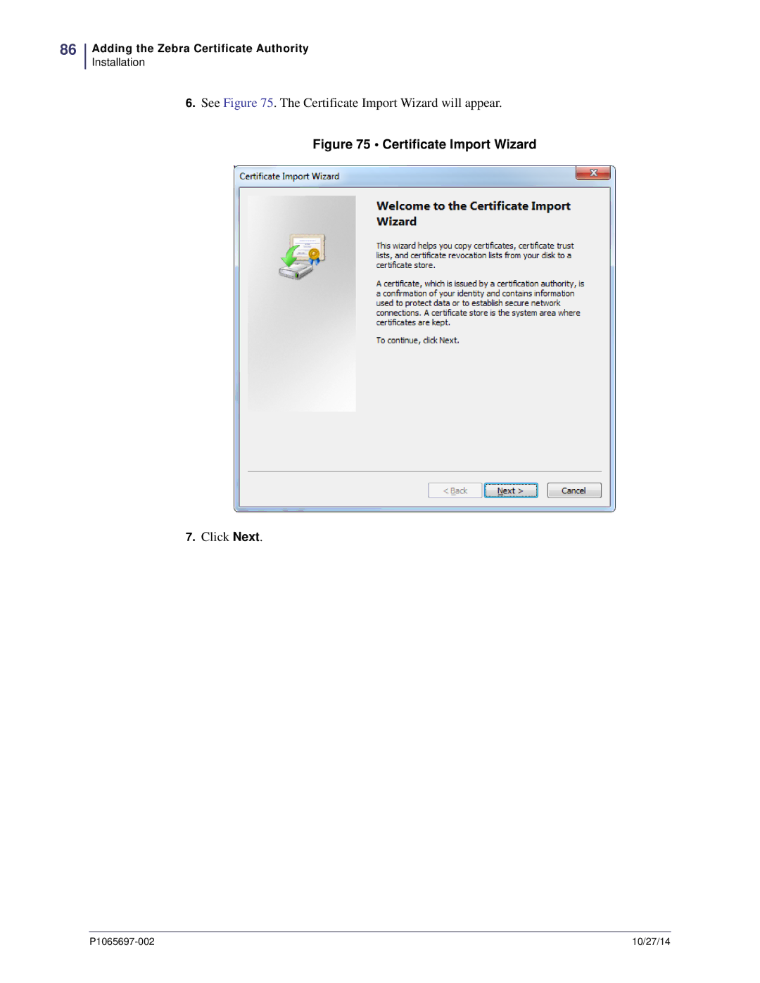 Zebra Technologies P1065697-002 manual Certificate Import Wizard 