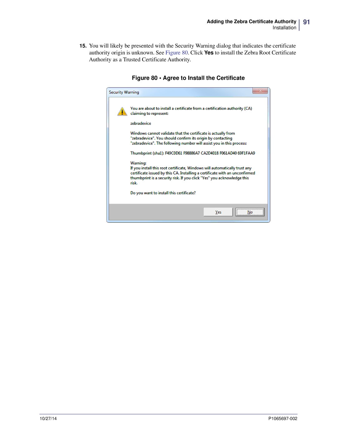 Zebra Technologies P1065697-002 manual Agree to Install the Certificate 