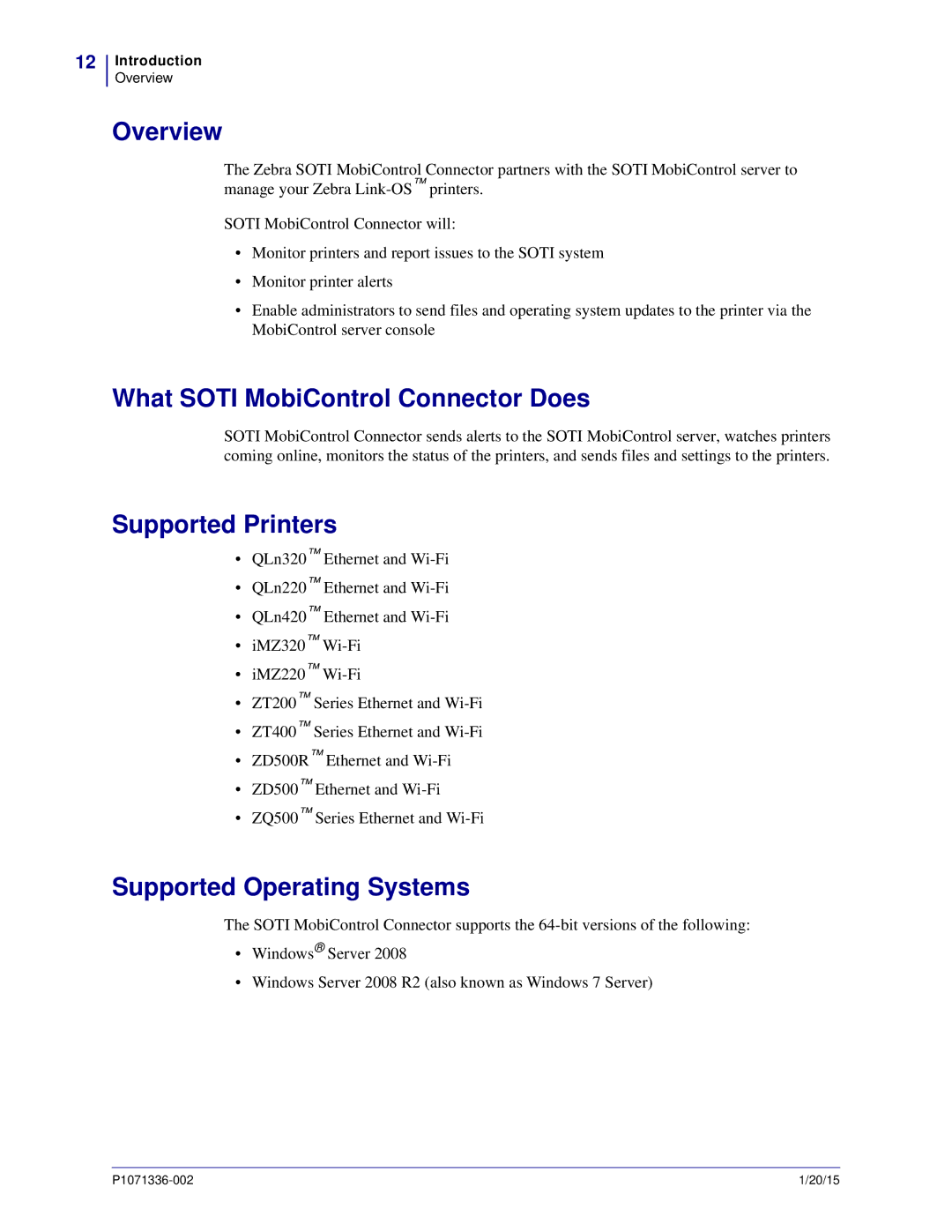 Zebra Technologies P1071336-002 manual Overview, What Soti MobiControl Connector Does, Supported Printers 