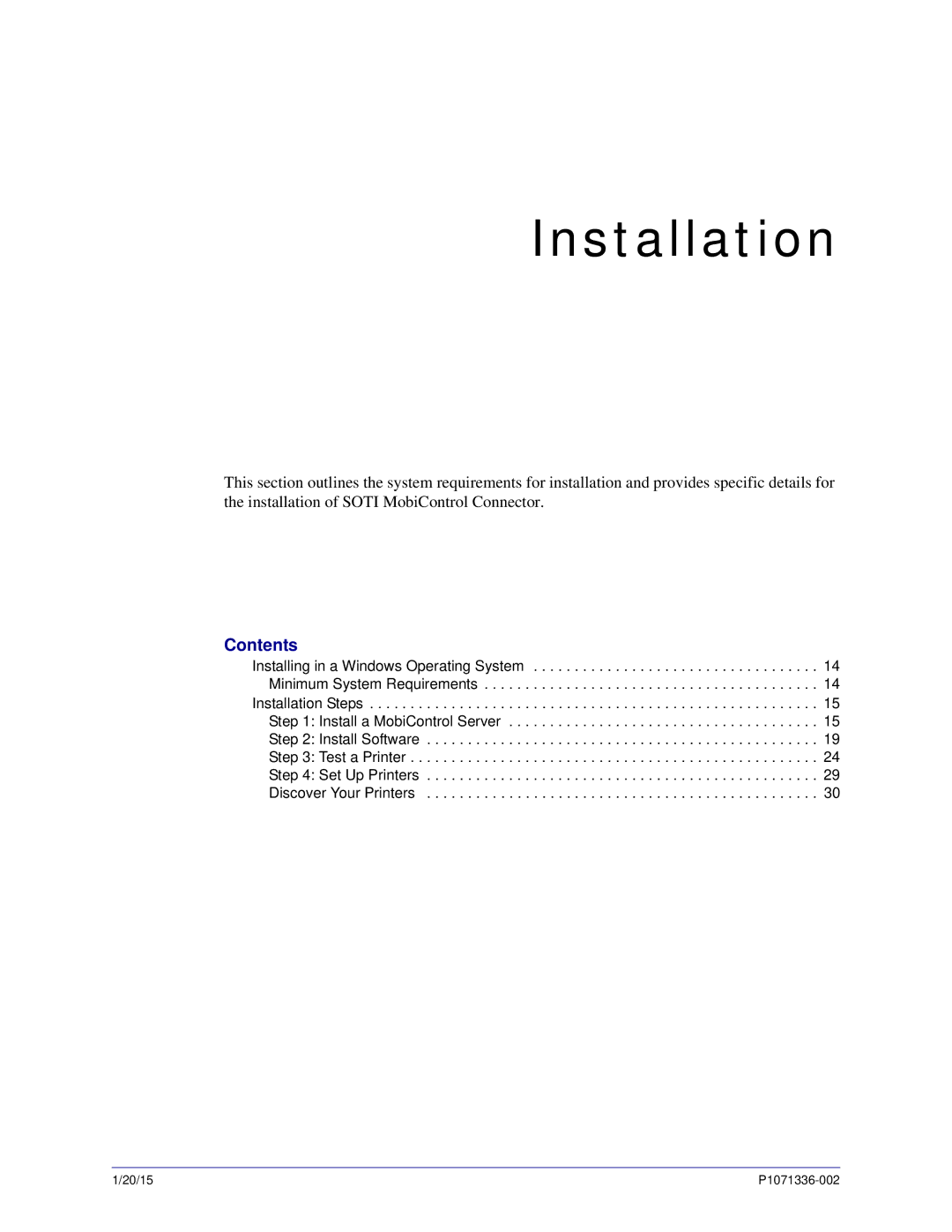 Zebra Technologies P1071336-002 manual Installation 