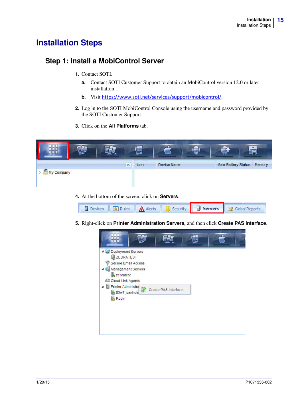 Zebra Technologies P1071336-002 manual Installation Steps, Install a MobiControl Server 