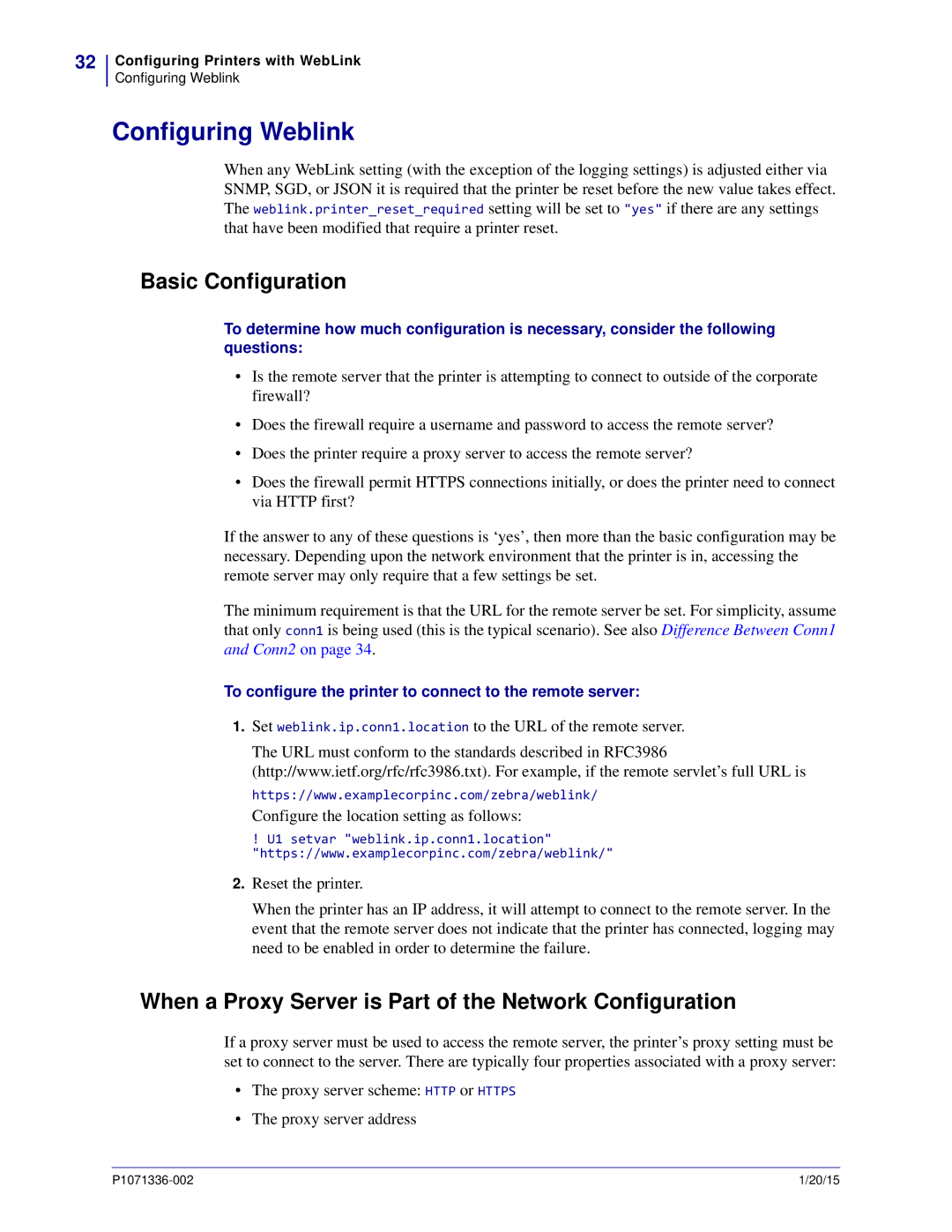 Zebra Technologies P1071336-002 manual Configuring Weblink, Basic Configuration 