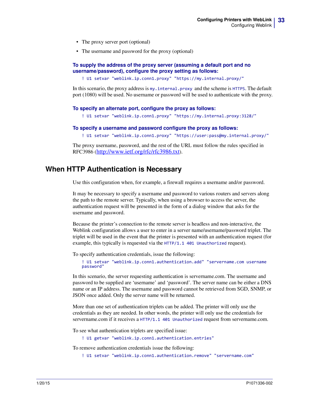 Zebra Technologies P1071336-002 manual When Http Authentication is Necessary 