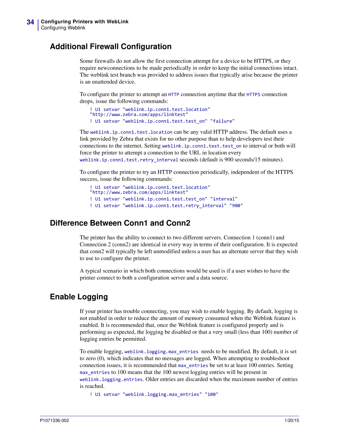 Zebra Technologies P1071336-002 Additional Firewall Configuration, Difference Between Conn1 and Conn2, Enable Logging 