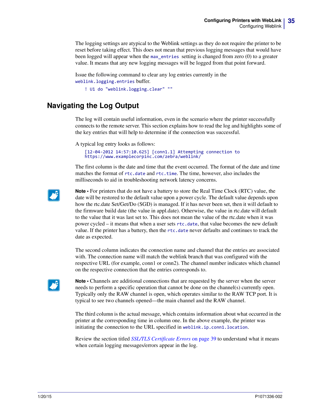 Zebra Technologies P1071336-002 manual Navigating the Log Output 