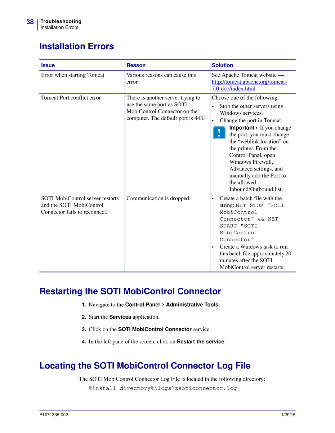 Zebra Technologies P1071336-002 manual Installation Errors, Restarting the Soti MobiControl Connector 