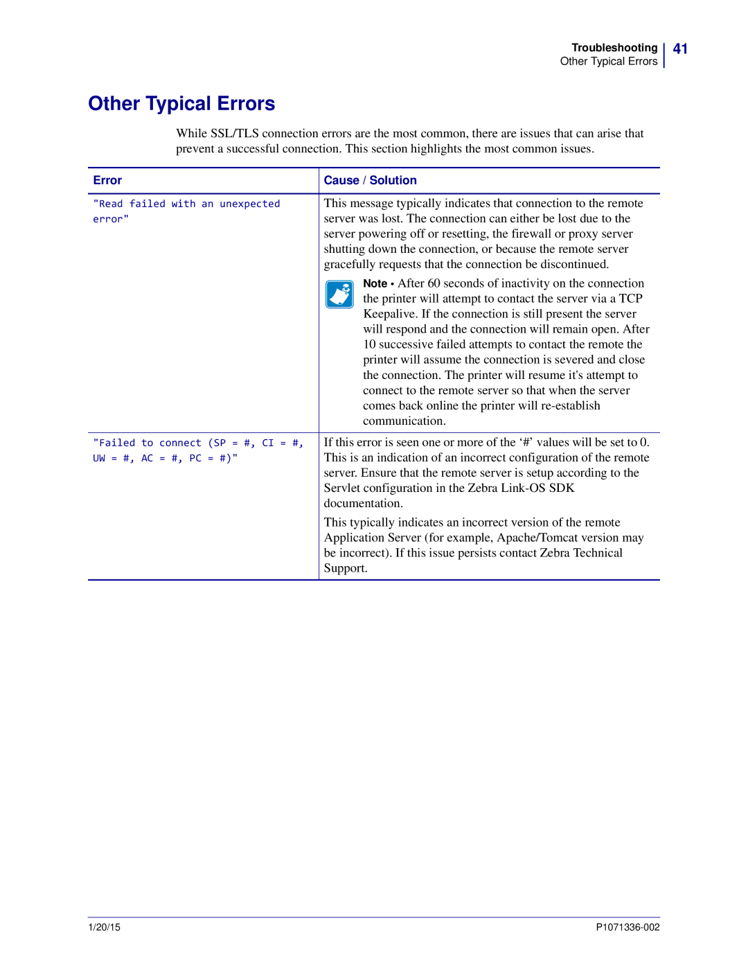 Zebra Technologies P1071336-002 manual Other Typical Errors, Communication 