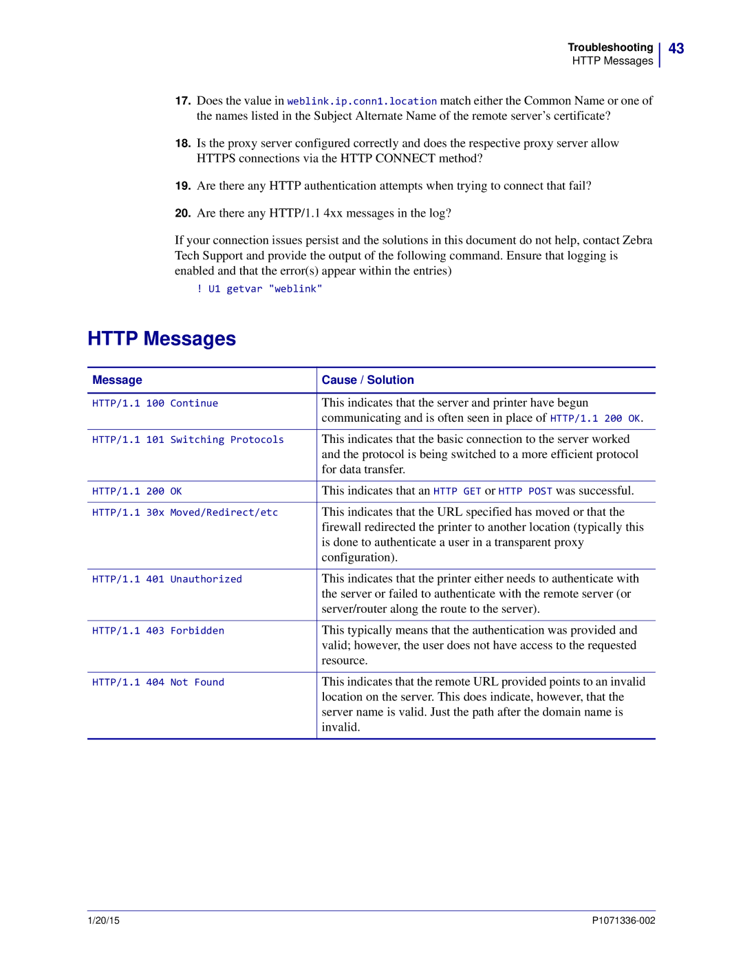 Zebra Technologies P1071336-002 manual Http Messages 