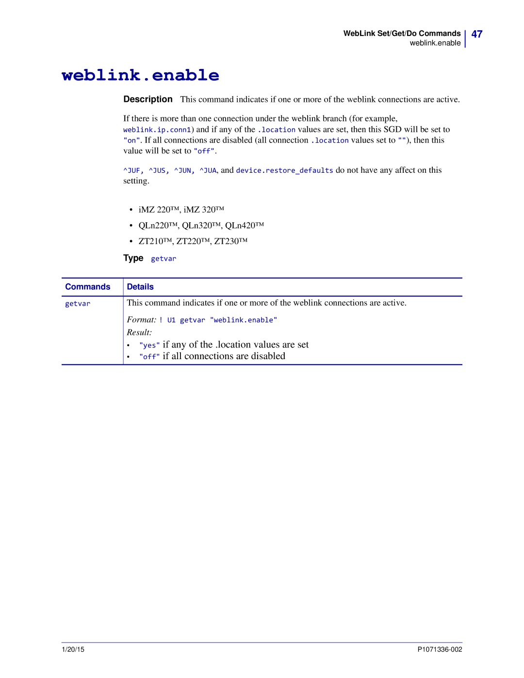 Zebra Technologies P1071336-002 manual Weblink.enable 