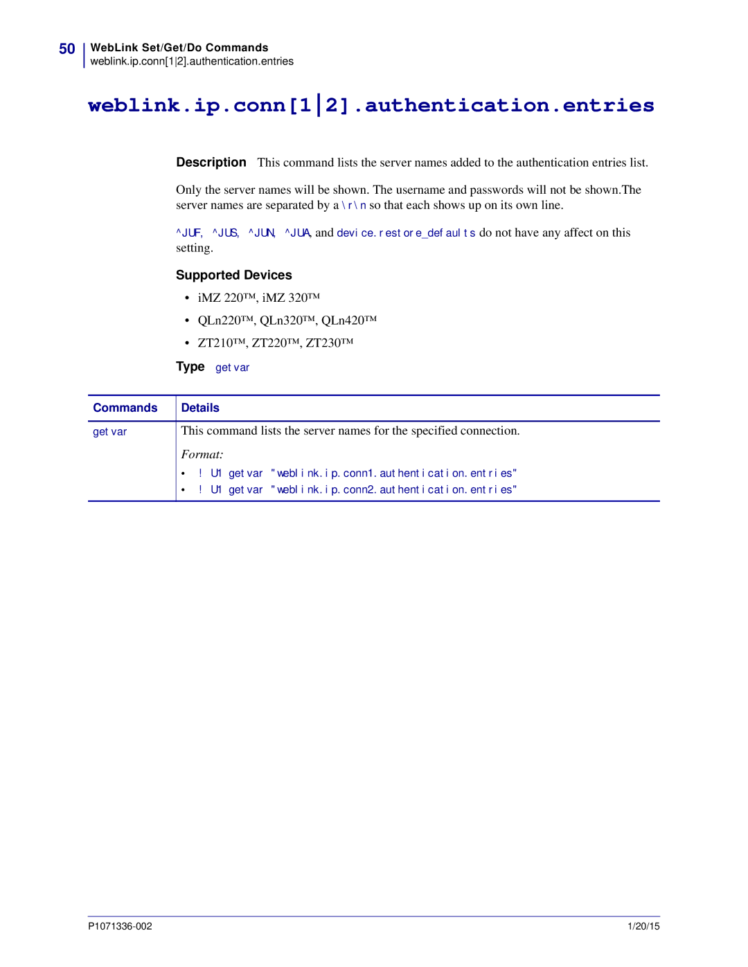 Zebra Technologies P1071336-002 manual Weblink.ip.conn12.authentication.entries 