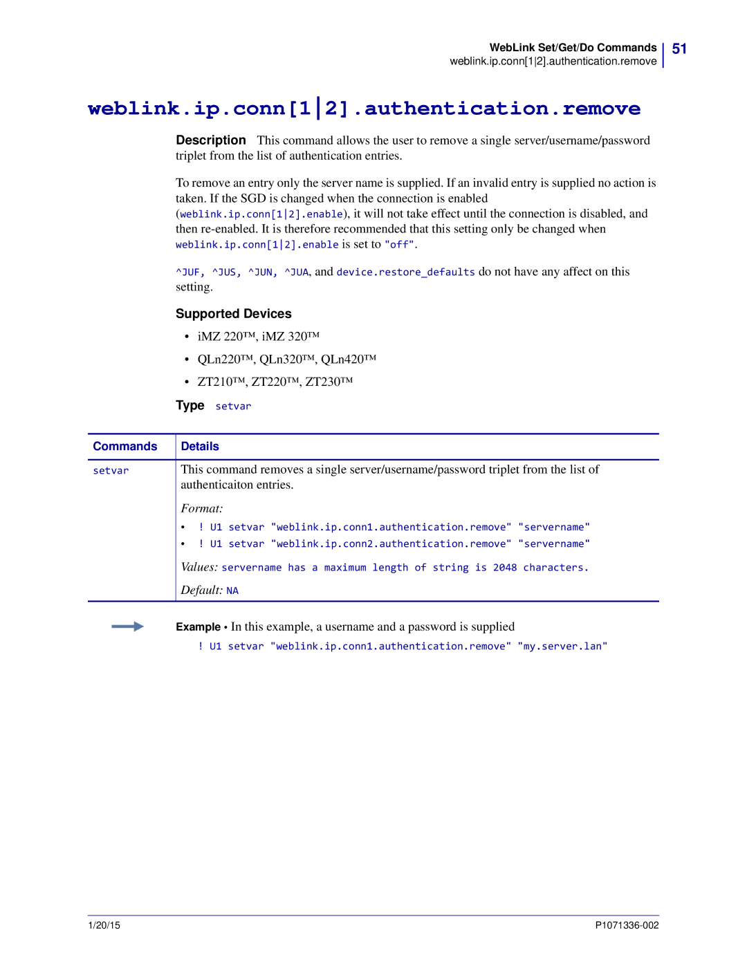 Zebra Technologies P1071336-002 manual Weblink.ip.conn12.authentication.remove 