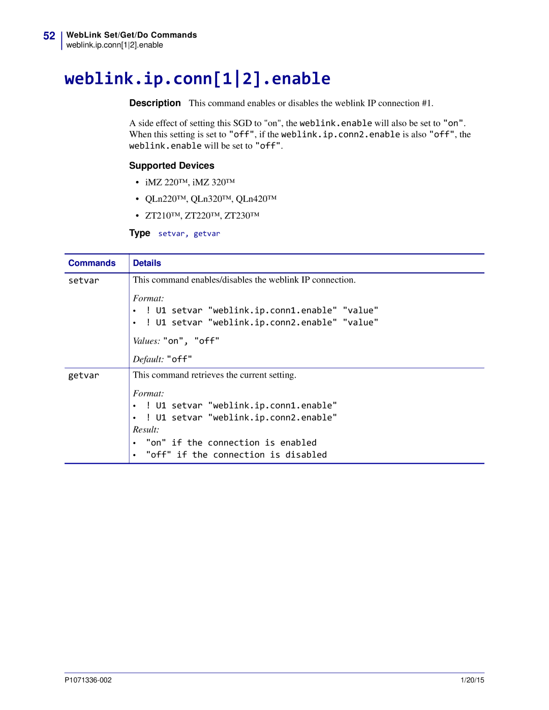 Zebra Technologies P1071336-002 manual Weblink.ip.conn12.enable 