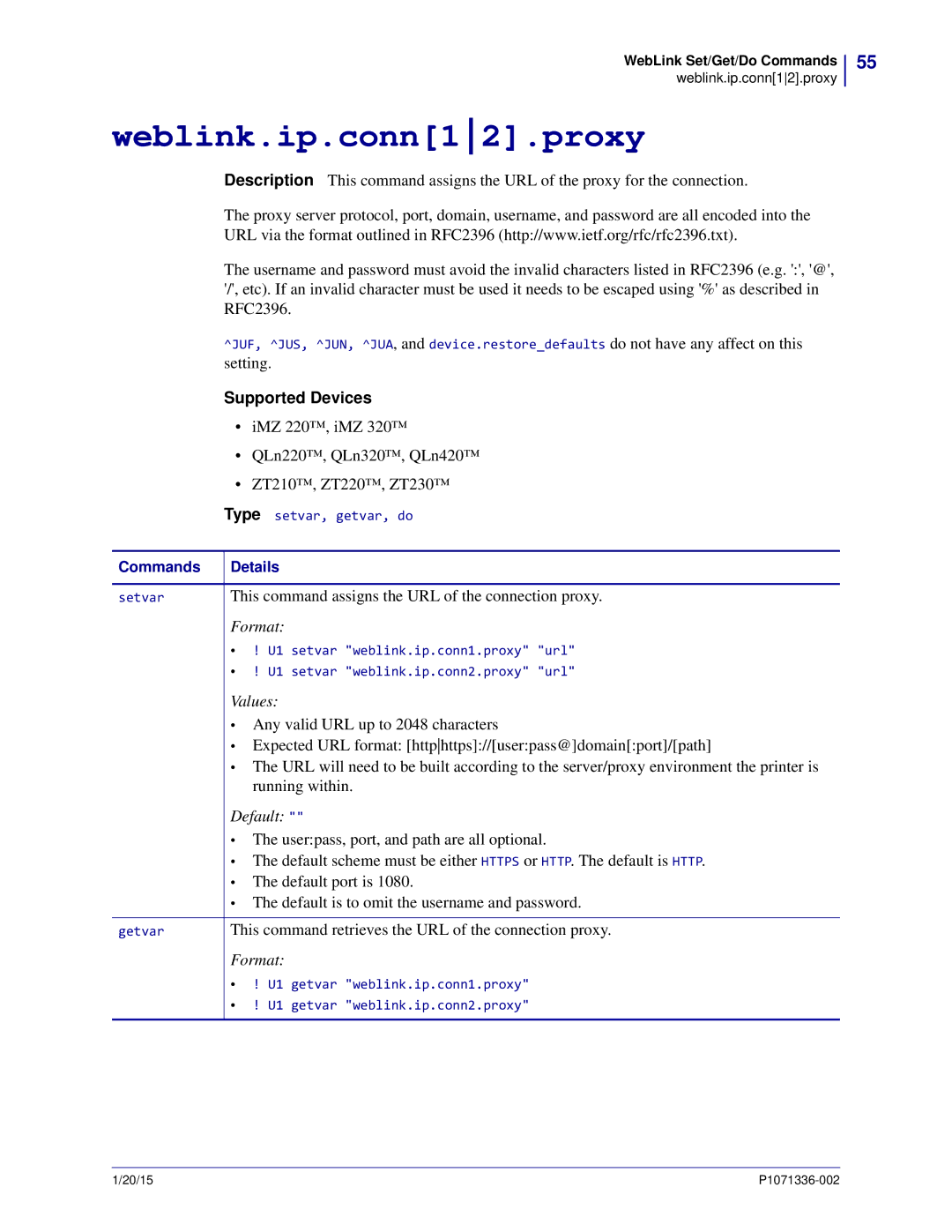 Zebra Technologies P1071336-002 manual Weblink.ip.conn12.proxy, This command assigns the URL of the connection proxy 