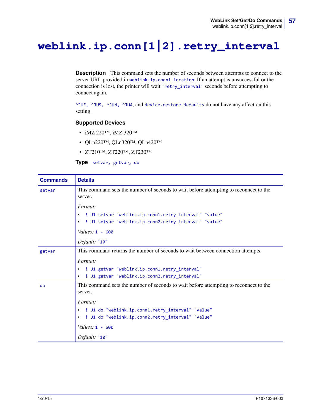 Zebra Technologies P1071336-002 manual Weblink.ip.conn12.retryinterval, Default 