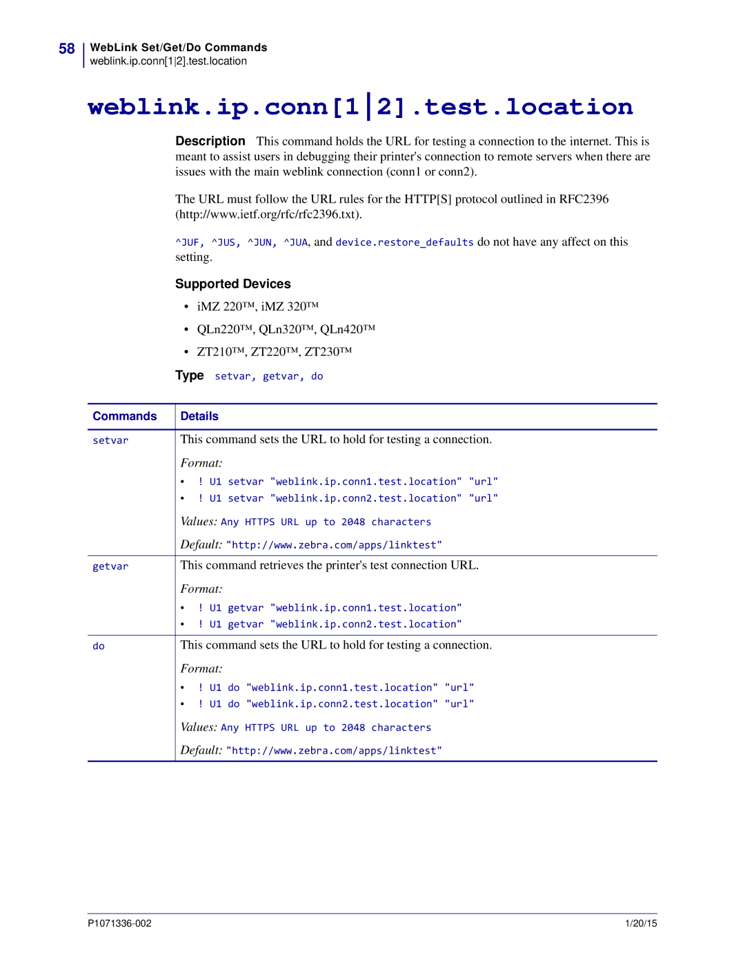 Zebra Technologies P1071336-002 manual Weblink.ip.conn12.test.location 