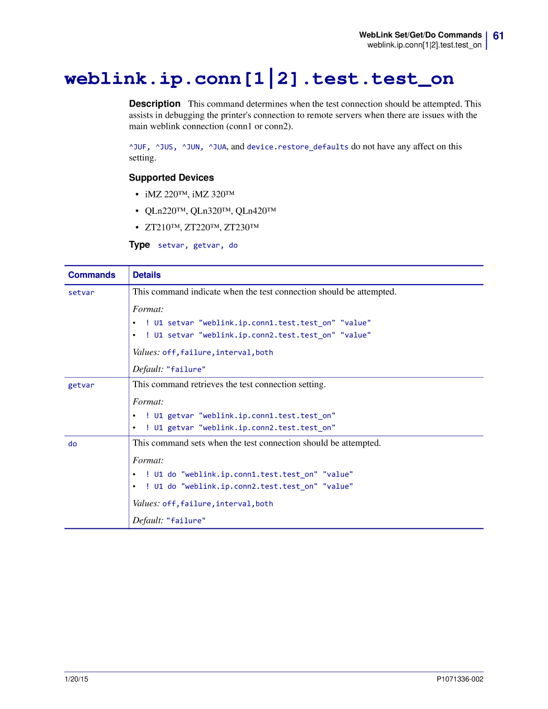 Zebra Technologies P1071336-002 manual Weblink.ip.conn12.test.teston, Default failure 