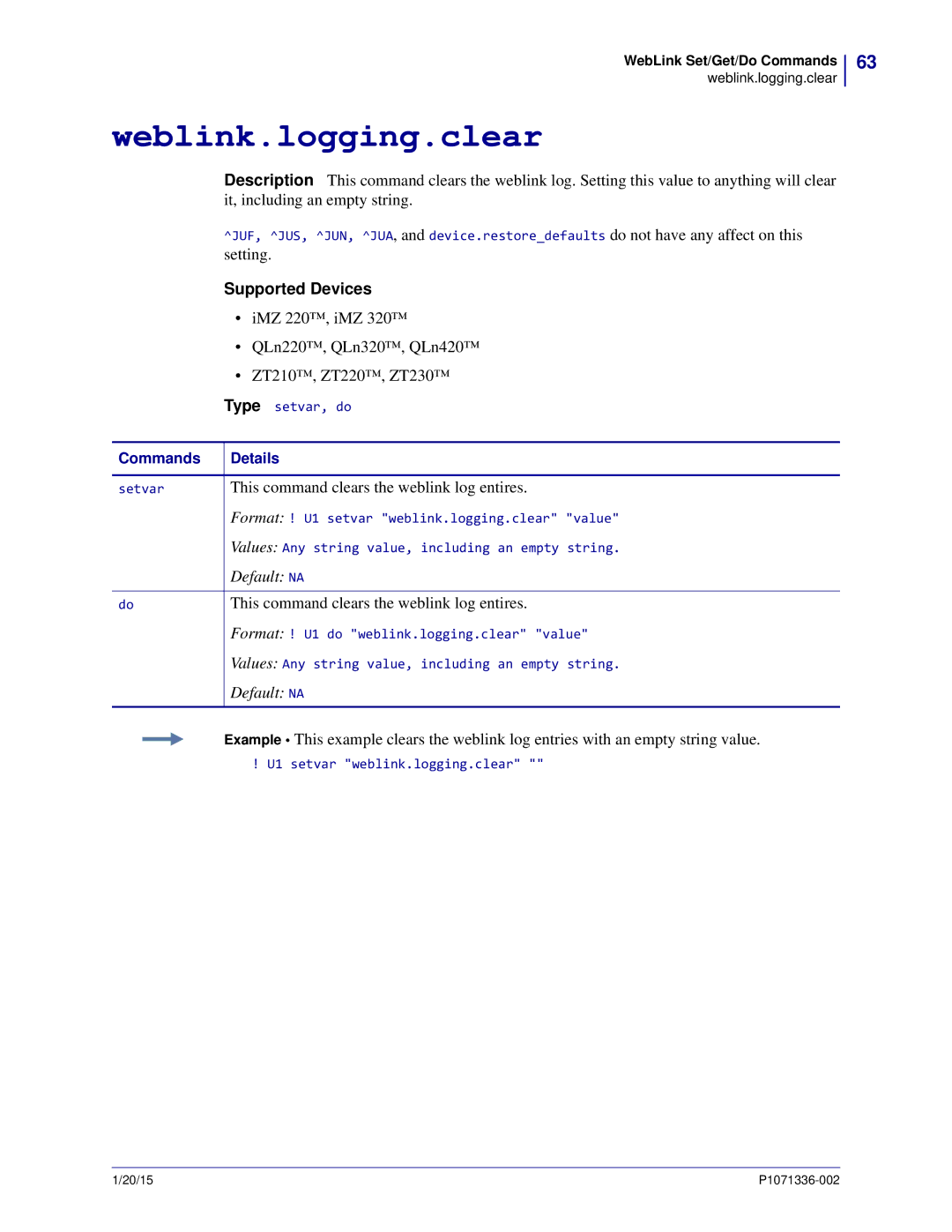 Zebra Technologies P1071336-002 manual Weblink.logging.clear, This command clears the weblink log entires 