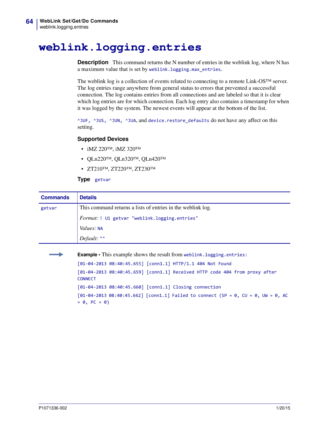 Zebra Technologies P1071336-002 manual Weblink.logging.entries, Supported Devices 