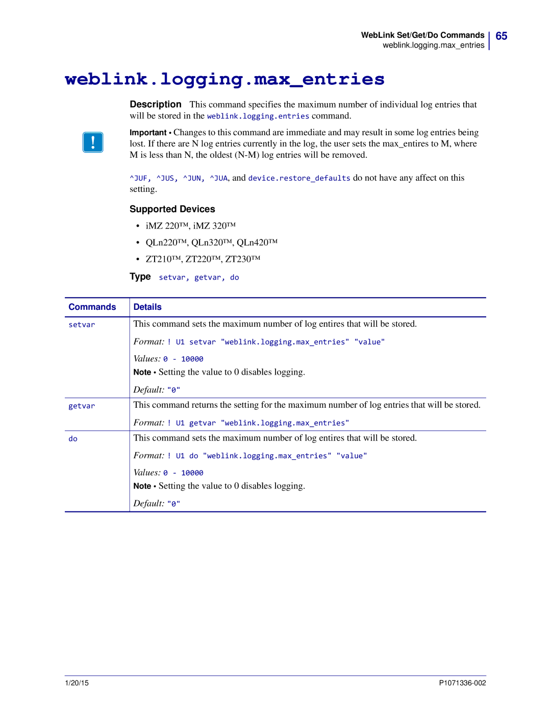 Zebra Technologies P1071336-002 manual Weblink.logging.maxentries 