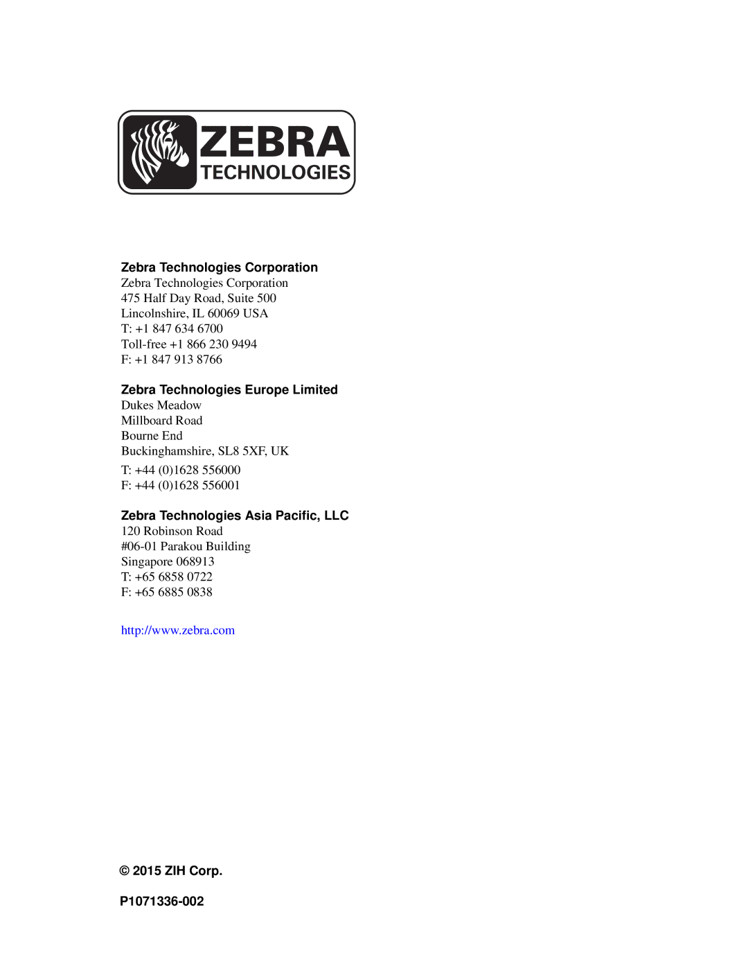 Zebra Technologies P1071336-002 manual Zebra Technologies Europe Limited 