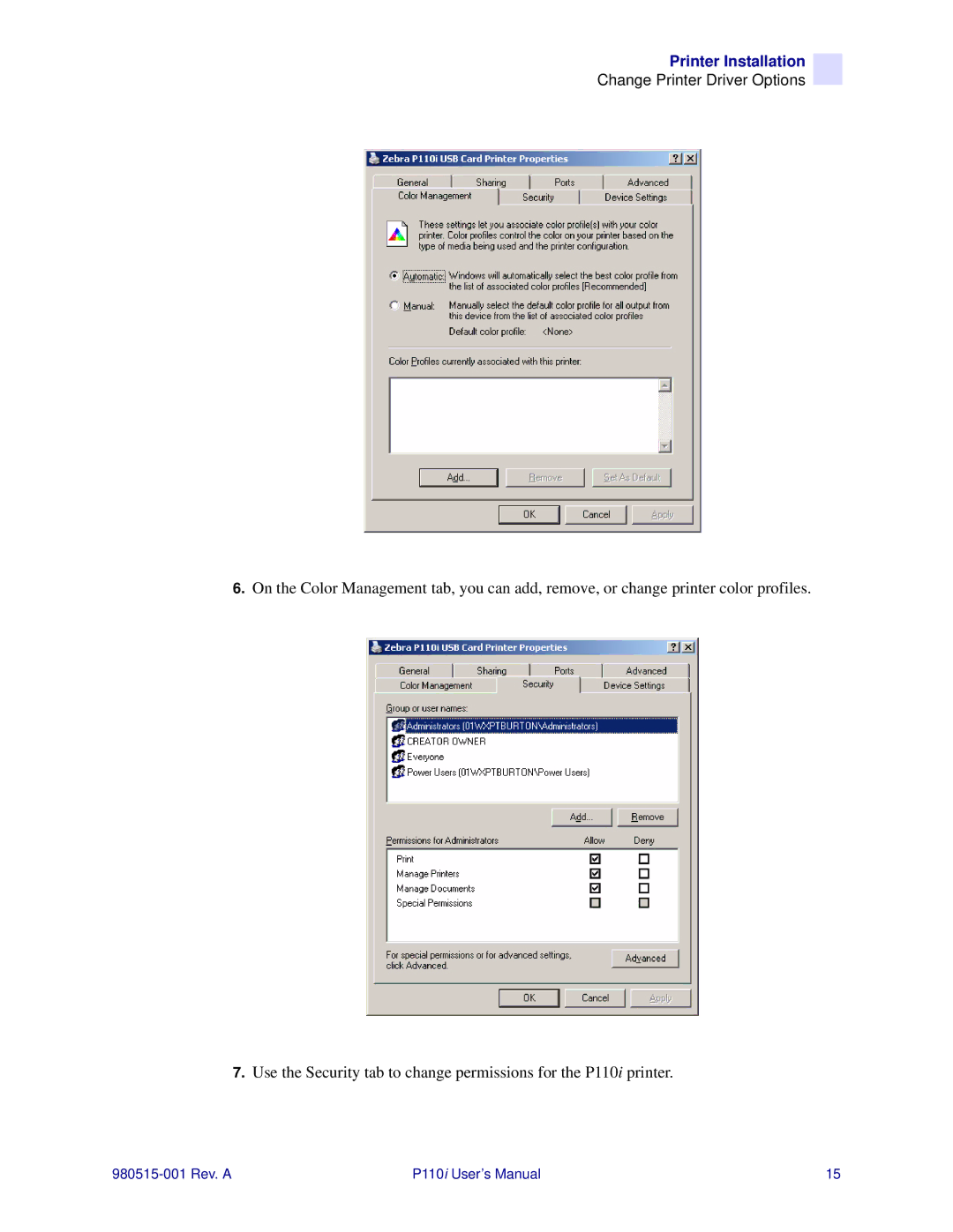 Zebra Technologies P110I user manual Printer Installation 