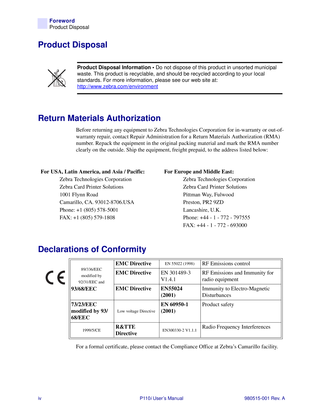 Zebra Technologies P110I user manual Product Disposal Return Materials Authorization, Declarations of Conformity 