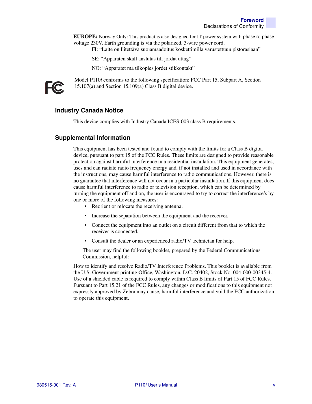 Zebra Technologies P110I user manual Industry Canada Notice 