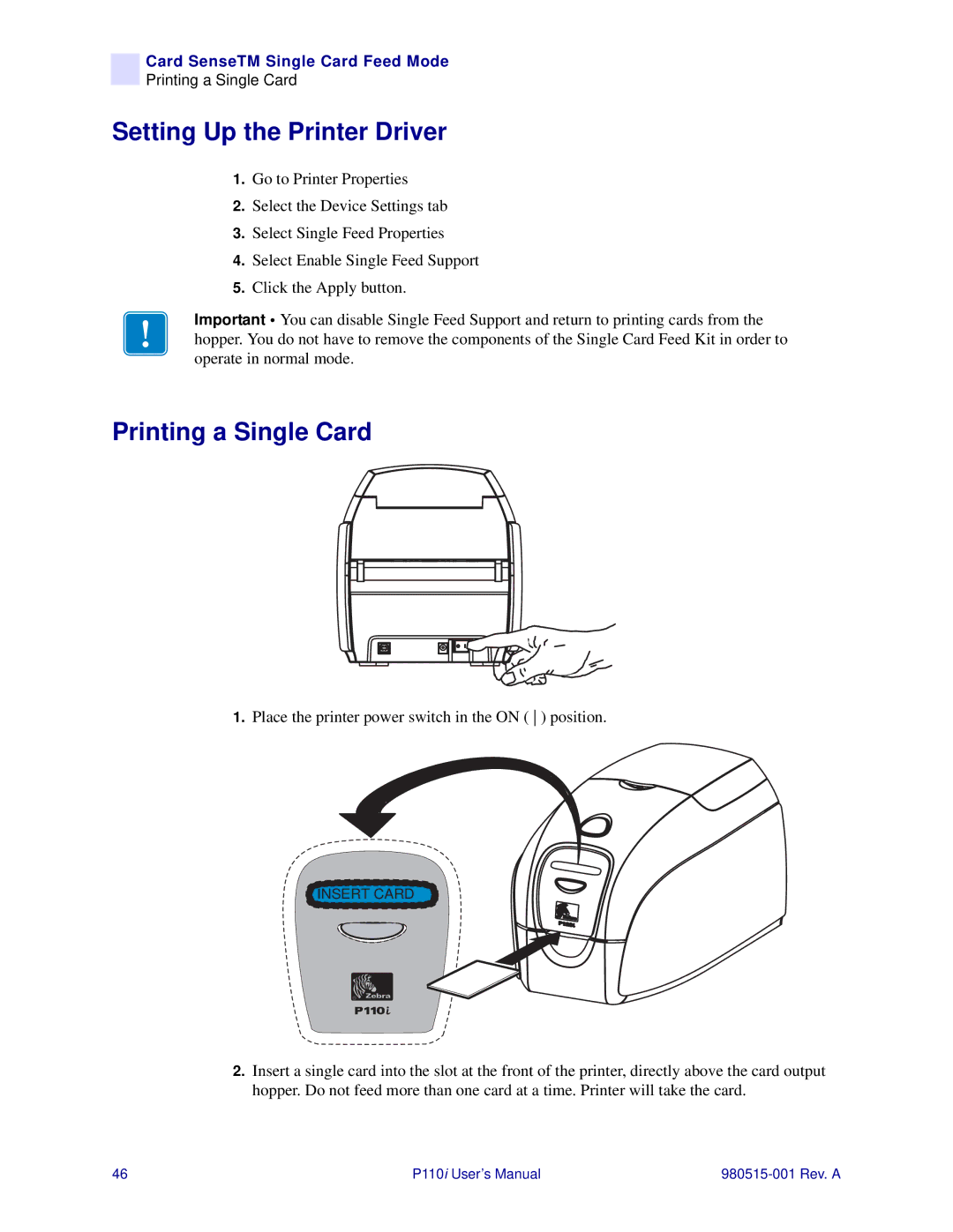 Zebra Technologies P110I user manual Setting Up the Printer Driver, Printing a Single Card 