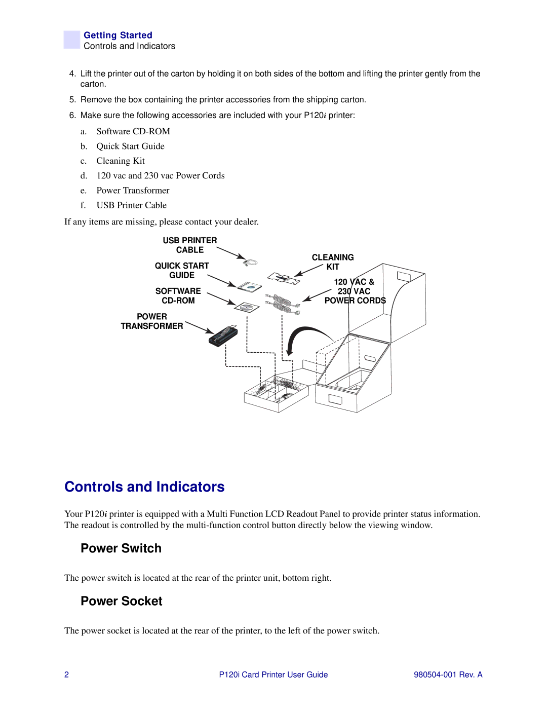 Zebra Technologies P120i user manual Controls and Indicators, Power Switch, Power Socket 