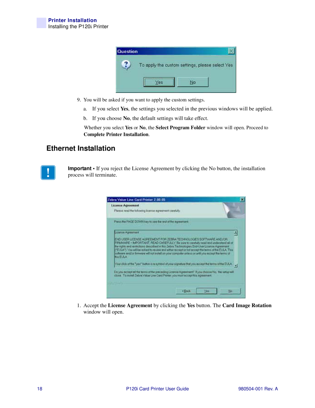 Zebra Technologies P120i user manual Ethernet Installation 