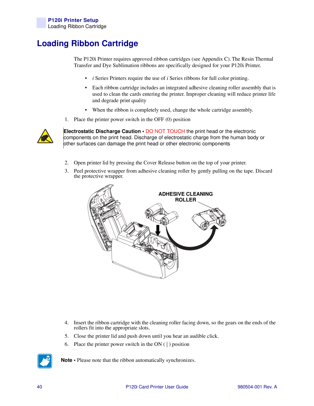 Zebra Technologies P120i user manual Loading Ribbon Cartridge 