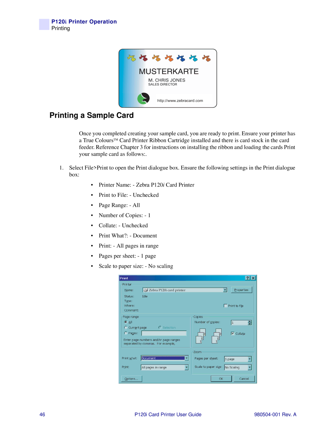 Zebra Technologies P120i user manual Printing a Sample Card 