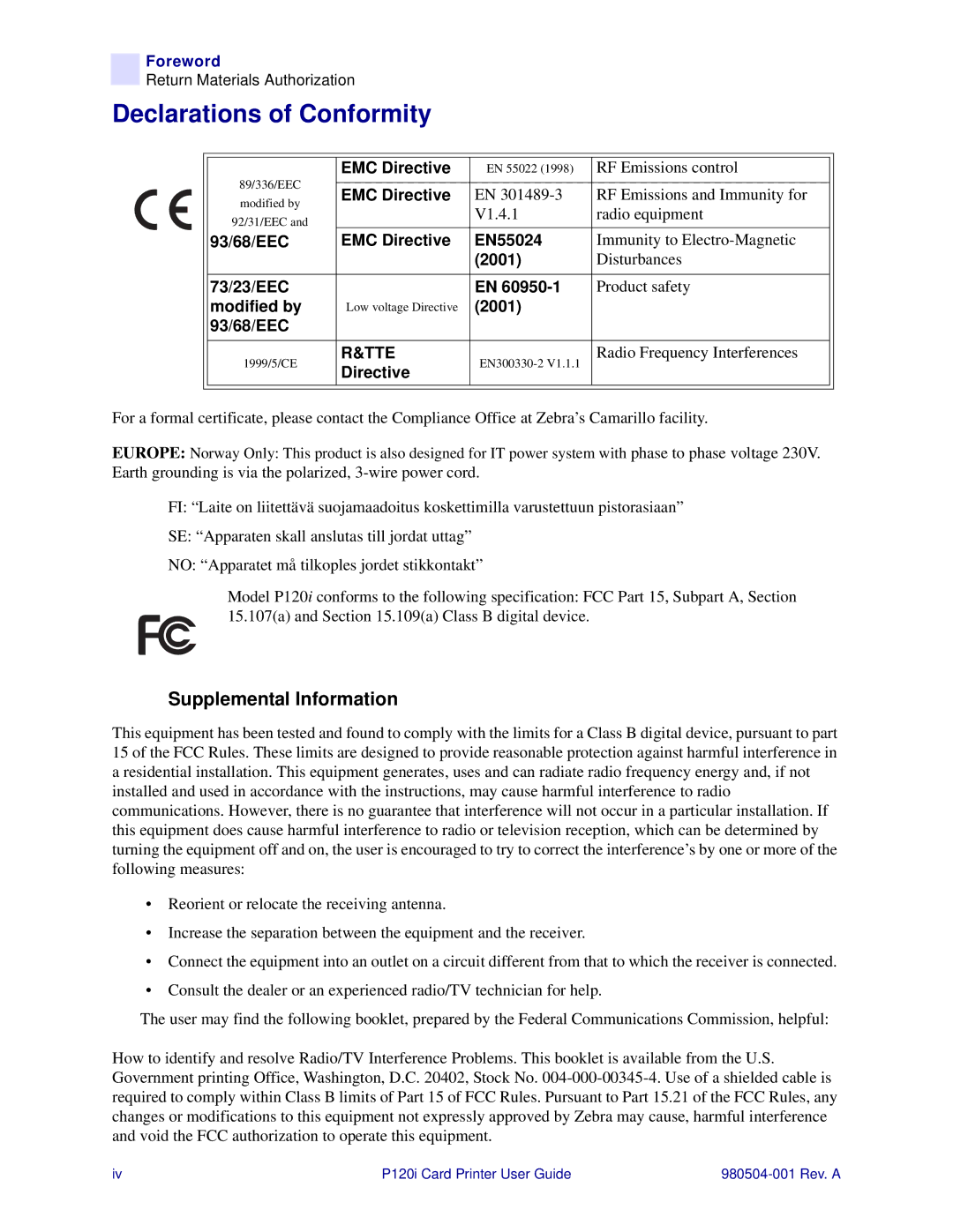 Zebra Technologies P120i user manual Declarations of Conformity, Tte 