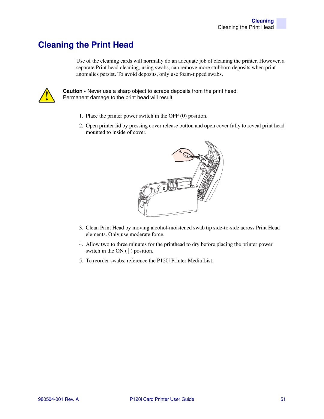 Zebra Technologies P120i user manual Cleaning the Print Head 