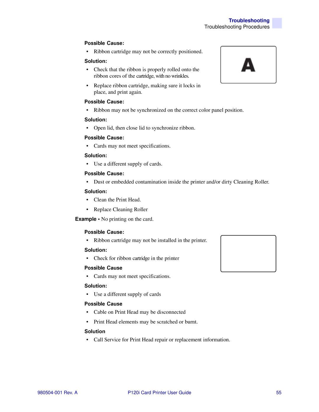 Zebra Technologies P120i user manual Ribbon cartridge may not be correctly positioned 