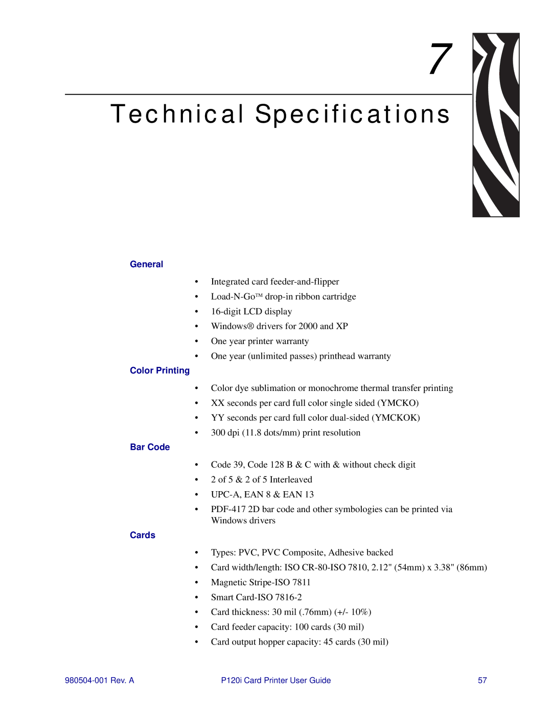 Zebra Technologies P120i user manual Technical Specifications 