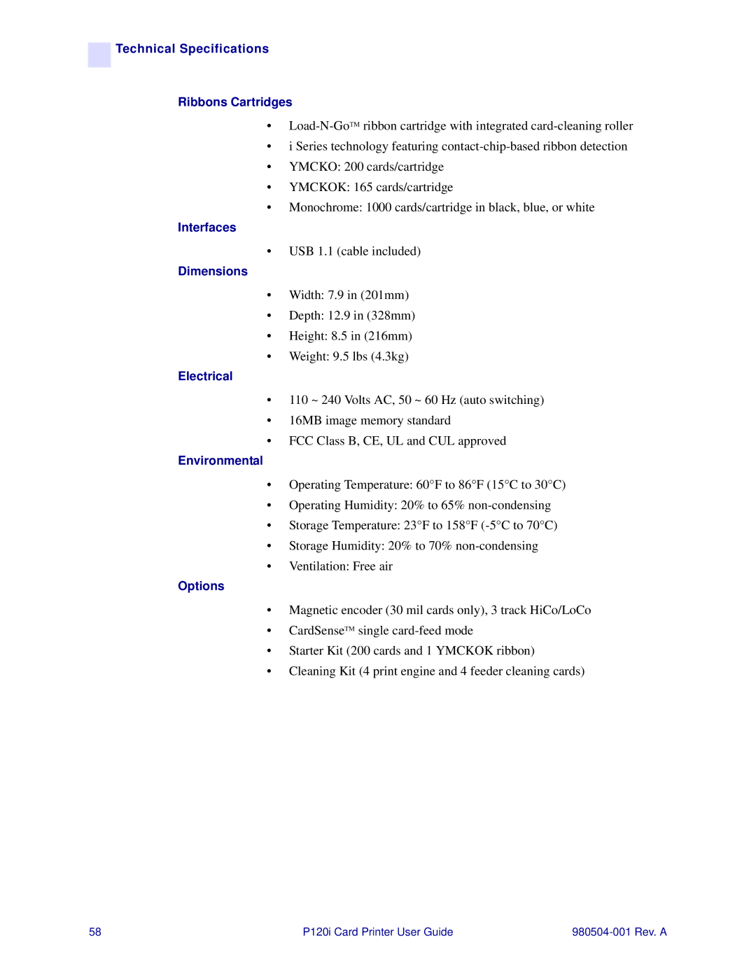 Zebra Technologies P120i user manual USB 1.1 cable included 