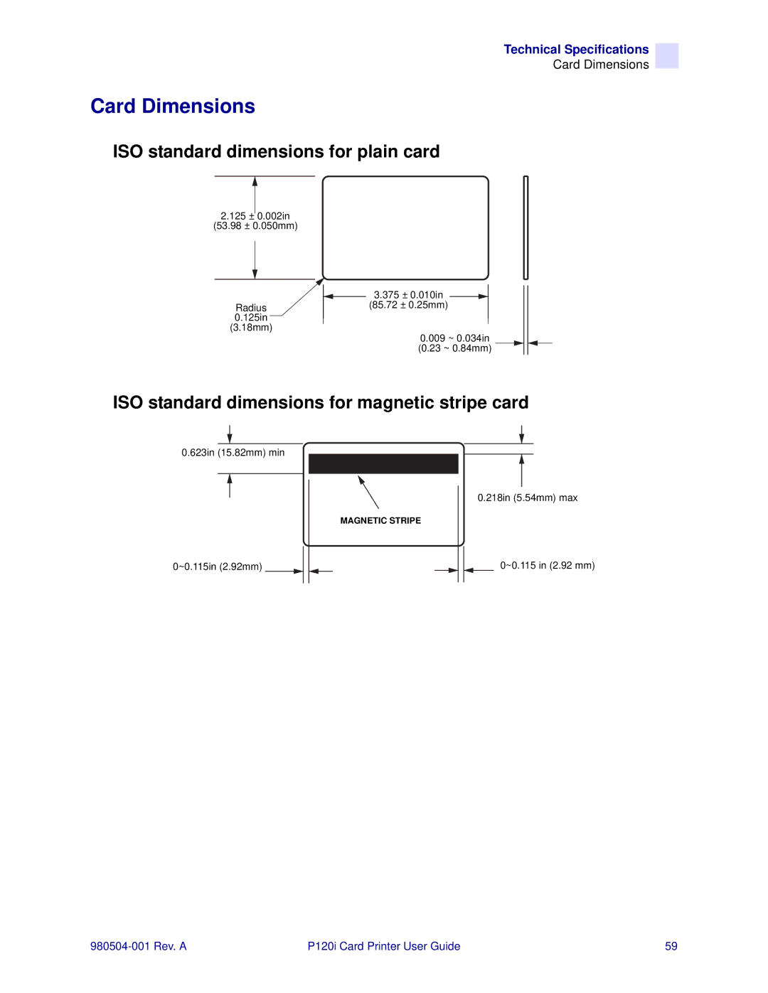 Zebra Technologies P120i user manual Card Dimensions, ISO standard dimensions for plain card 