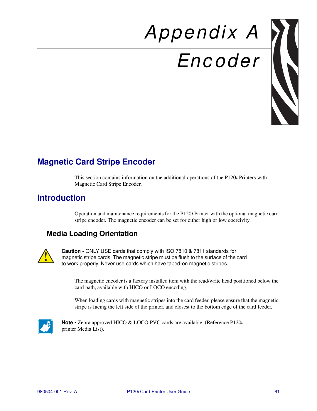 Zebra Technologies P120i user manual Magnetic Card Stripe Encoder, Introduction, Media Loading Orientation 