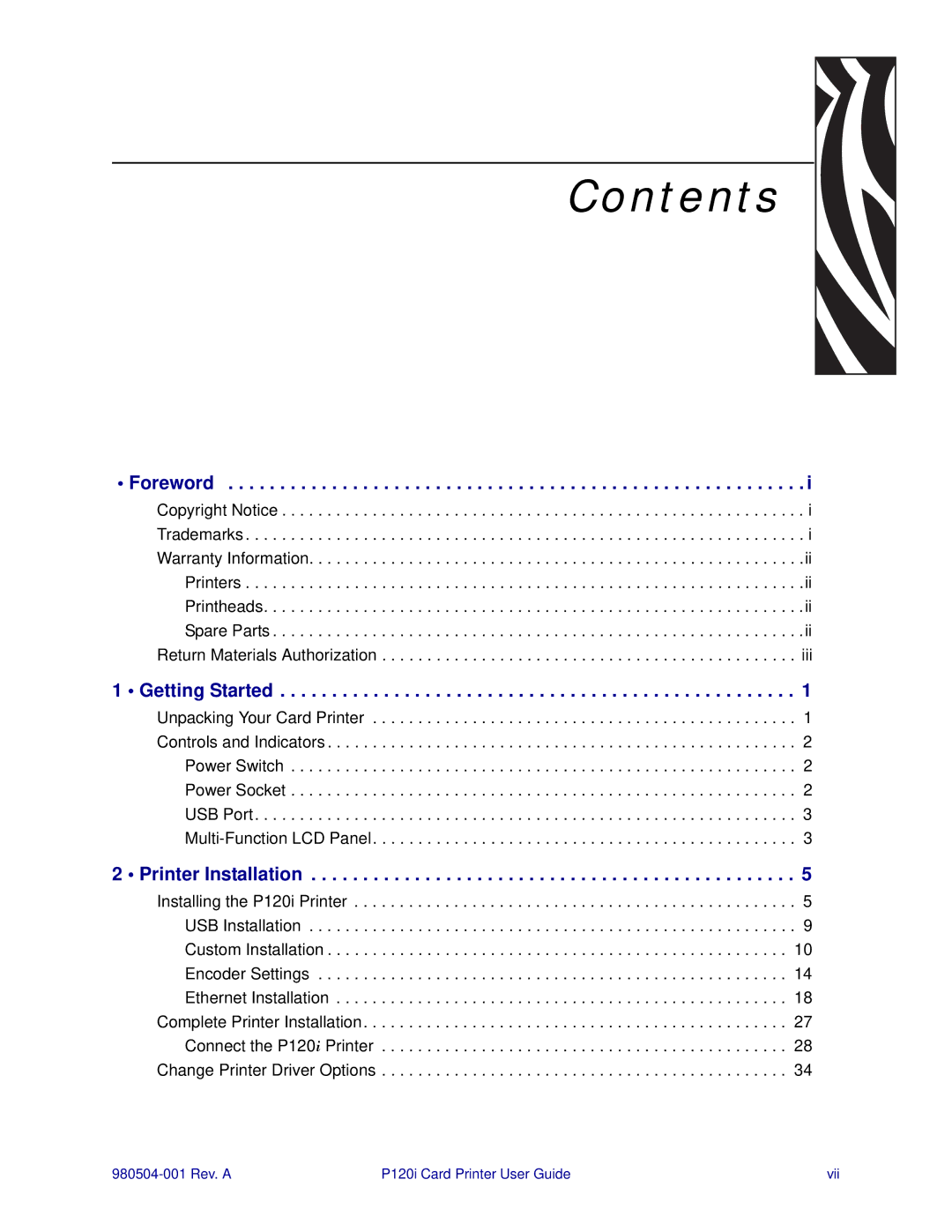 Zebra Technologies P120i user manual Contents 